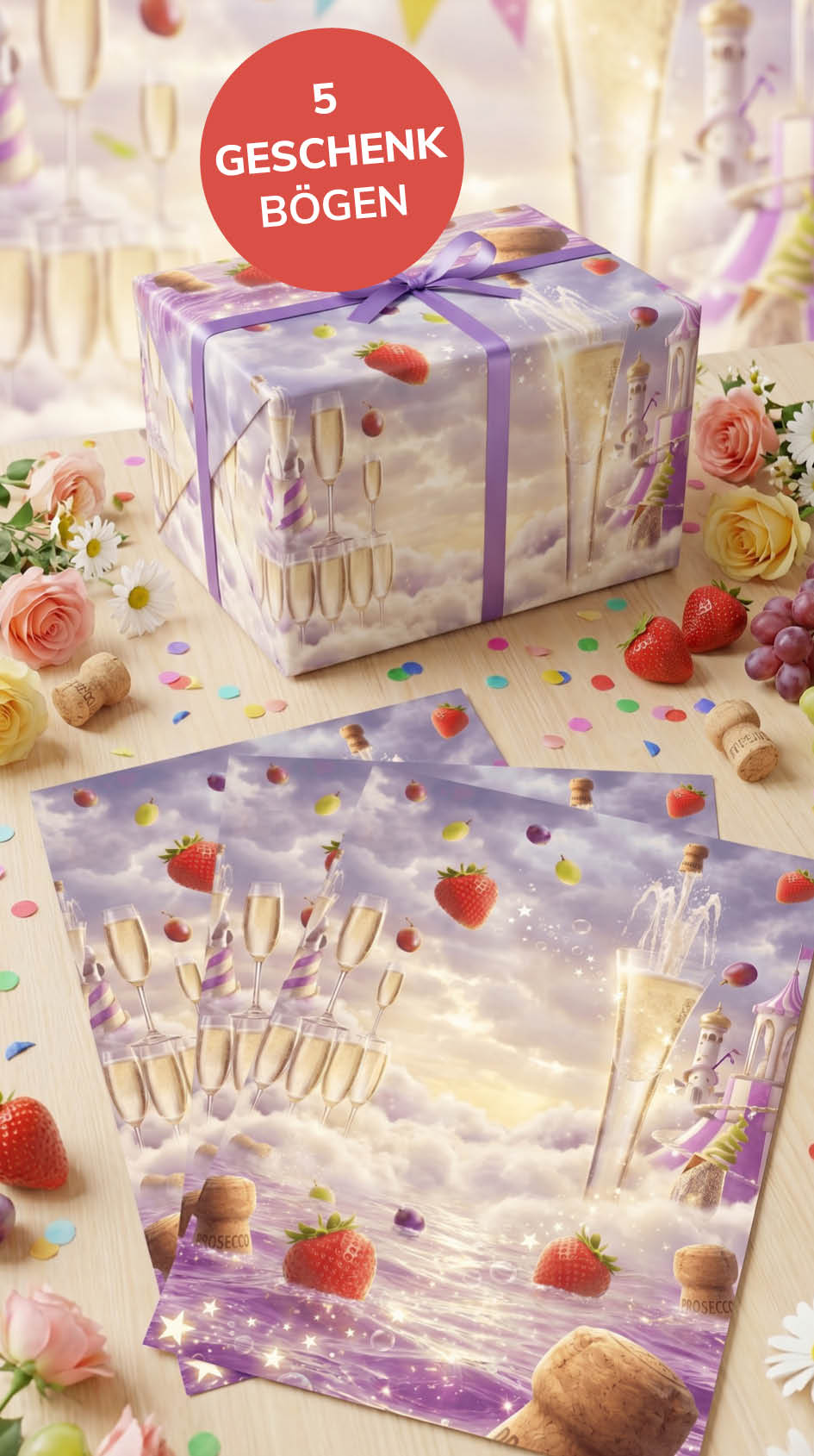 Lustiges Geschenkpapier Set 5 Bögen Prosecco - witziges Motiv zum Geburtstag